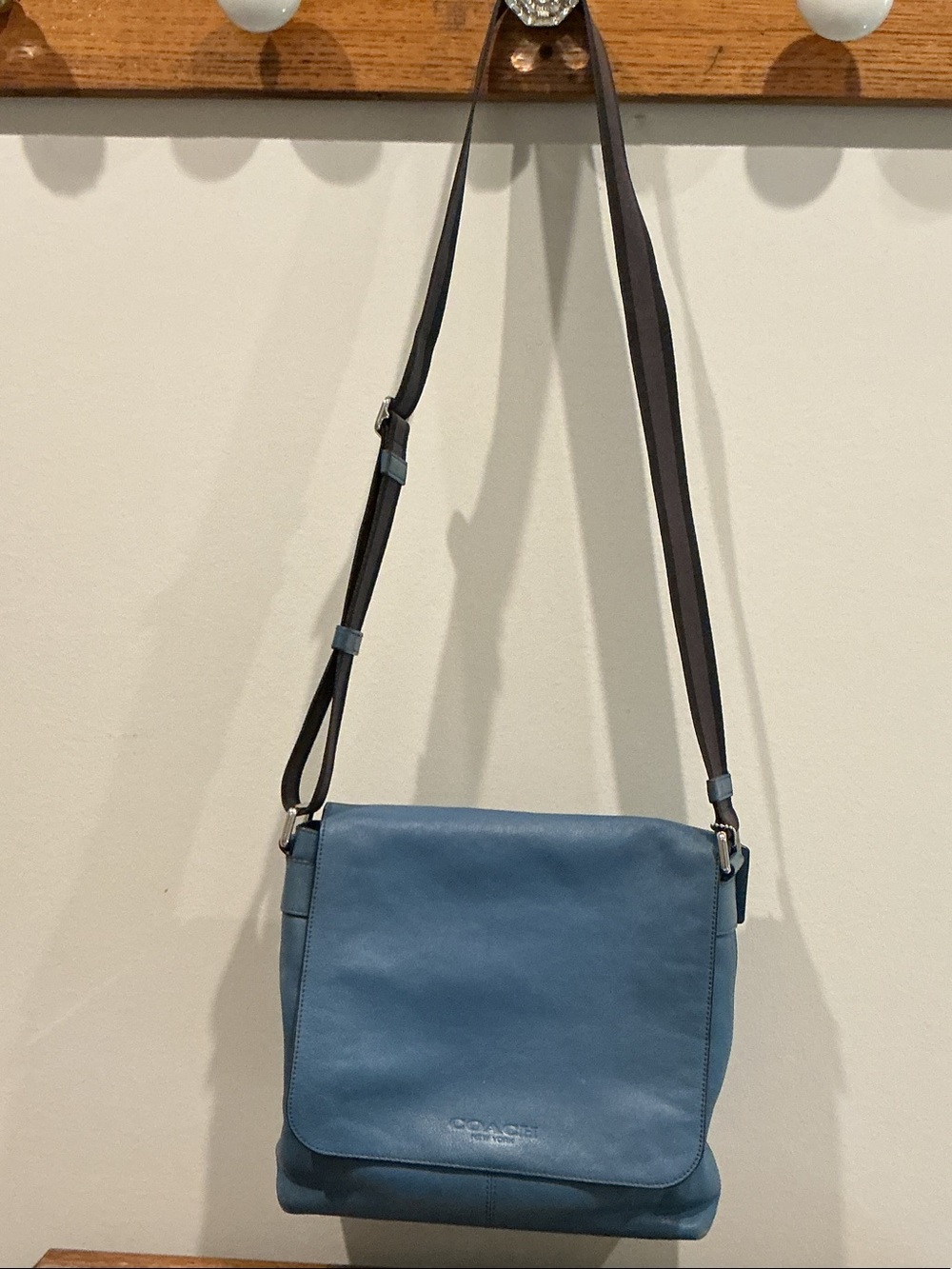 Coach Denim Blue Leather Cross Body Bag with Black & Gray Striped Handle
